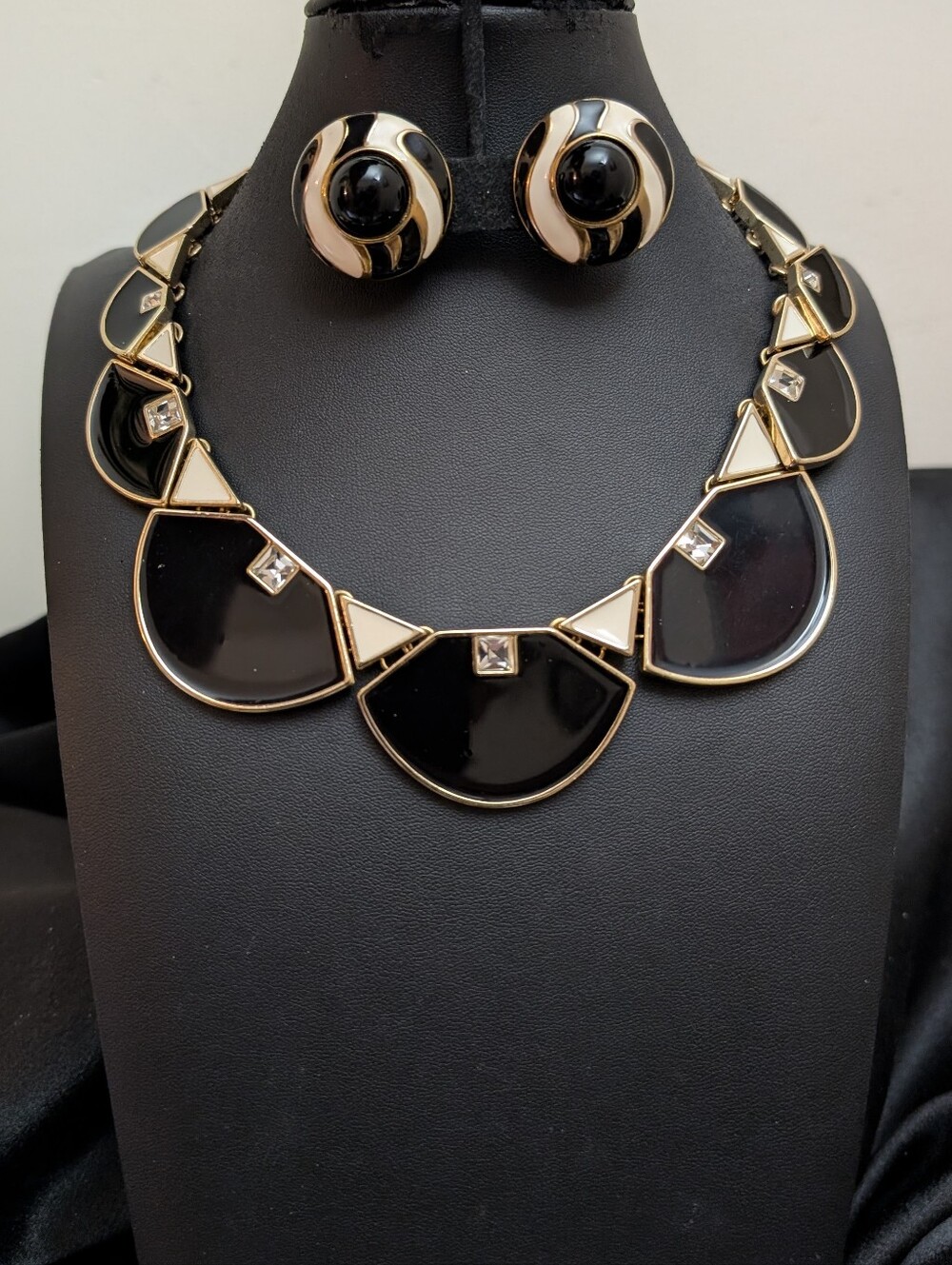 #8. WHBM Black & Beige Enamel Necklace & Vintage 80s Earrings